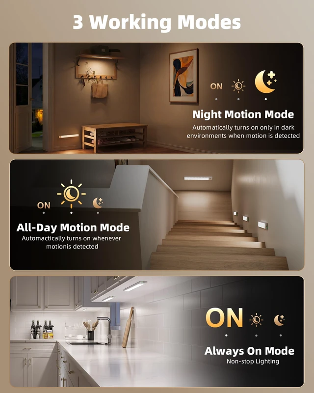 Alt view image 7 of 7 - 16.5'' Under Cabinet Lighting Wireless, 3Pack Rechargeable Closet Lights, LED Motion Sensor Indoor, Dimmable & 3 Color Temps Battery Operated with Power Display, for Kitchen, Stairs, Bookshelf