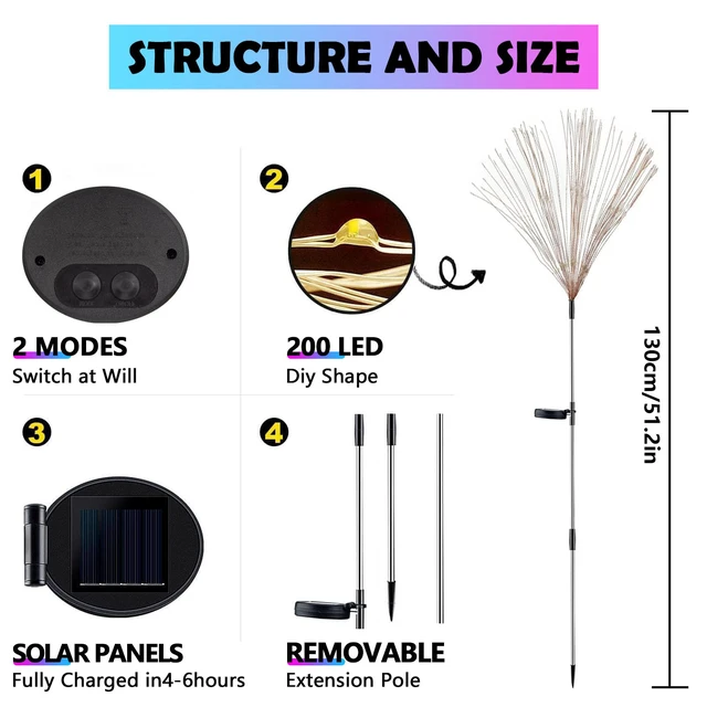 Alt view image 7 of 7 - 6-Pack Solar Firework Lights for Outside Waterproof Garden Fairy Lights Adjustable 32"-51" tall, 200 LED stainless steel stake starburst lights with 8 modes for pathway patio decorations