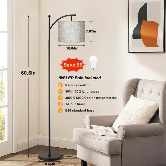 Alt view image 2 of 7 - 60" Floor Lamp with Remote and Stepless Dimmable Bulb, Grey Shade Colors Temperature and Brightness Adjustable, Foot Switch, Remote Control, Black Pole, Modern Floor Lamp for Living Room