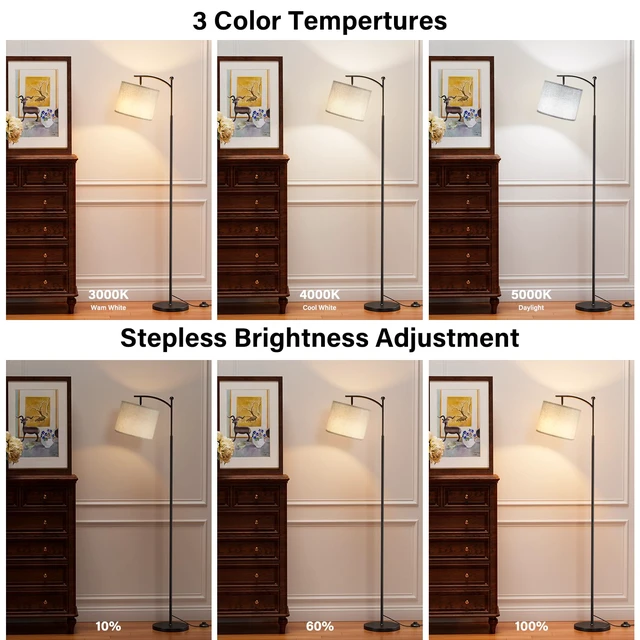 Alt view image 3 of 7 - 60" Floor Lamp with Remote and Stepless Dimmable Bulb, Grey Shade Colors Temperature and Brightness Adjustable, Foot Switch, Remote Control, Black Pole, Modern Floor Lamp for Living Room