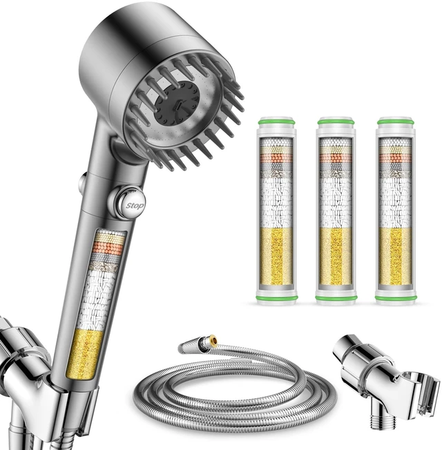 Main image of Filtered Shower Head with Handheld 3PCS Filters ShowerHead High Pressure 4 Spray Shower Heads with ON/OFF Button, Water Softener for Hard Water, 59" Hose, Remove Chlorine