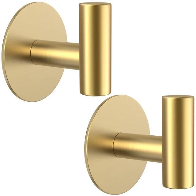 Main image of Gold Stainless Steel Wall Hooks, Heavy Duty Self-Adhesive Hooks for Coats, Towels, Robes, Hats, Aprons No Drill Bathroom, Kitchen, Hotel (2 Pack)