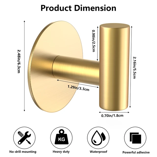 Alt view image 2 of 7 - Gold Stainless Steel Wall Hooks, Heavy Duty Self-Adhesive Hooks for Coats, Towels, Robes, Hats, Aprons No Drill Bathroom, Kitchen, Hotel (2 Pack)