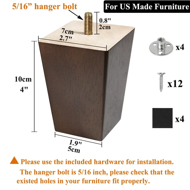 Alt view image 2 of 6 - 4 inch Wood Furniture Legs Sofa Legs Set of 6 Square Couch Legs Mid-Century Modern Replacement Legs for Armchair,Recliner, Dresser, Sideboard