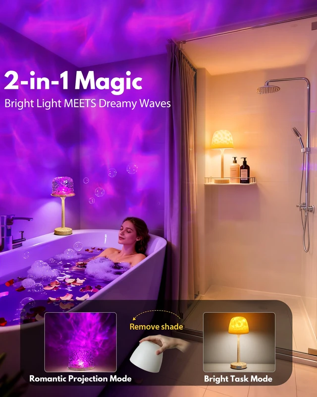 Alt view image 2 of 7 - Shower Lamp - Waterproof Bathroom Lamp Ocean Wave Projector, Wood Grain 16 Color Spa-Like Mood Light, Rechargeable Shower Light with Touch & Remote Control, Cordless Light for Inside Shower/Bathtub