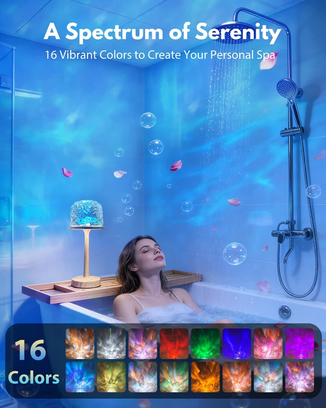 Alt view image 3 of 7 - Shower Lamp - Waterproof Bathroom Lamp Ocean Wave Projector, Wood Grain 16 Color Spa-Like Mood Light, Rechargeable Shower Light with Touch & Remote Control, Cordless Light for Inside Shower/Bathtub