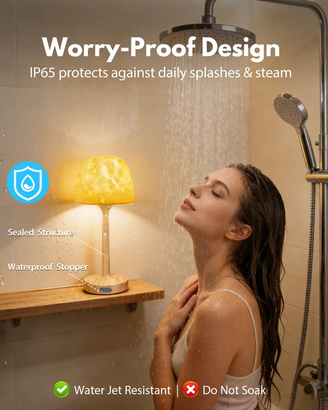 Alt view image 4 of 7 - Shower Lamp - Waterproof Bathroom Lamp Ocean Wave Projector, Wood Grain 16 Color Spa-Like Mood Light, Rechargeable Shower Light with Touch & Remote Control, Cordless Light for Inside Shower/Bathtub