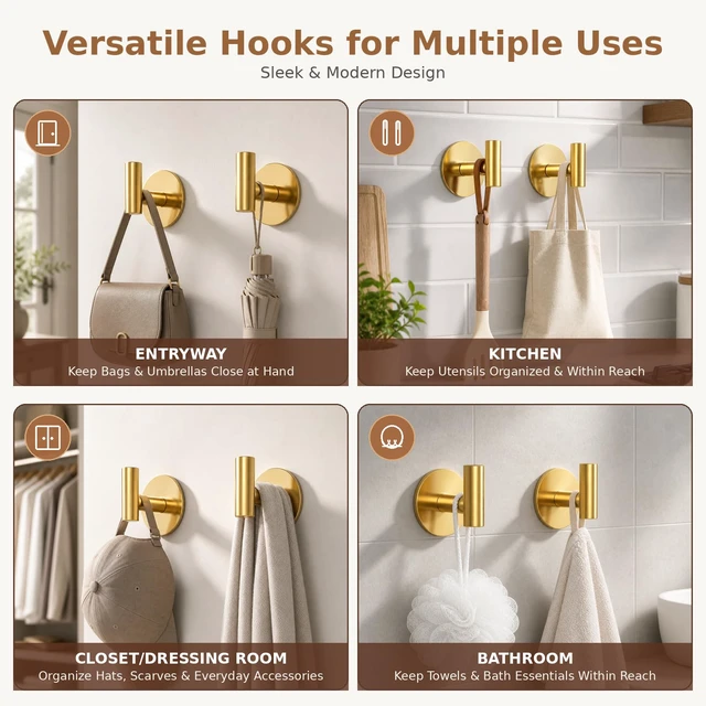 Alt view image 4 of 7 - Gold Stainless Steel Wall Hooks, Heavy Duty Self-Adhesive Hooks for Coats, Towels, Robes, Hats, Aprons No Drill Bathroom, Kitchen, Hotel (2 Pack)