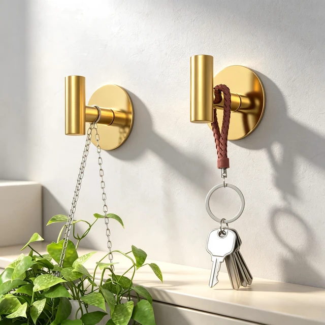 Alt view image 3 of 7 - Gold Stainless Steel Wall Hooks, Heavy Duty Self-Adhesive Hooks for Coats, Towels, Robes, Hats, Aprons No Drill Bathroom, Kitchen, Hotel (2 Pack)