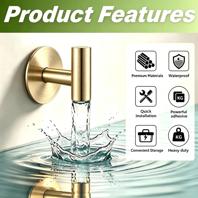 Alt view image 5 of 7 - Gold Stainless Steel Wall Hooks, Heavy Duty Self-Adhesive Hooks for Coats, Towels, Robes, Hats, Aprons No Drill Bathroom, Kitchen, Hotel (2 Pack)