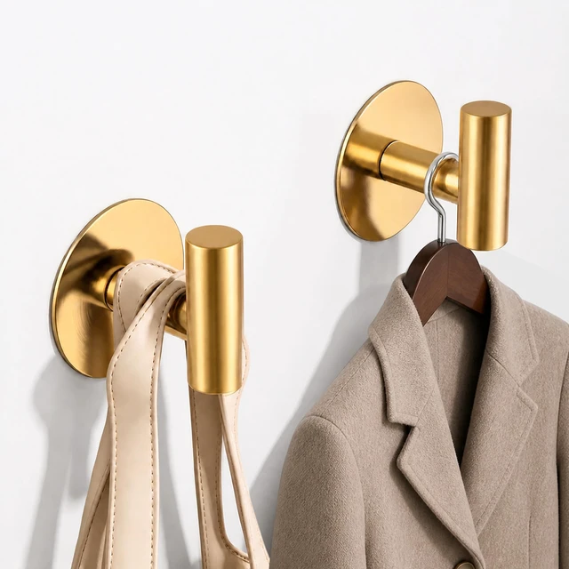 Alt view image 6 of 7 - Gold Stainless Steel Wall Hooks, Heavy Duty Self-Adhesive Hooks for Coats, Towels, Robes, Hats, Aprons No Drill Bathroom, Kitchen, Hotel (2 Pack)