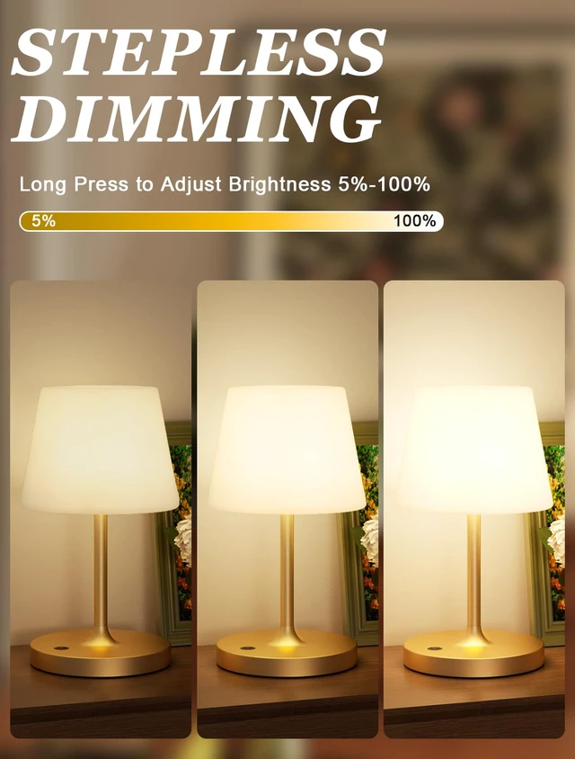 Alt view image 2 of 7 - Gold Cordless Shower Lamp Waterproof, Rechargeable Cordless Lamp with 4000mAh Battery, Touch Dimmable Table Lamp for Outdoor, Kitchen, Bathroom, Camping, Patio, IP54