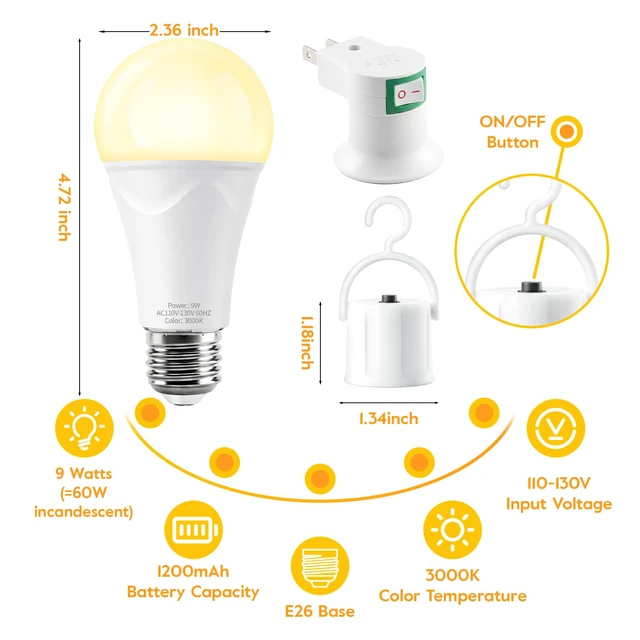 Alt view image 3 of 7 - Rechargeable Light Bulbs, 9W Battery Operated Light Bulbs Power Outage Lights, Emergency Lights for Home Power Failure, 3000K Daylight, 10 Pack