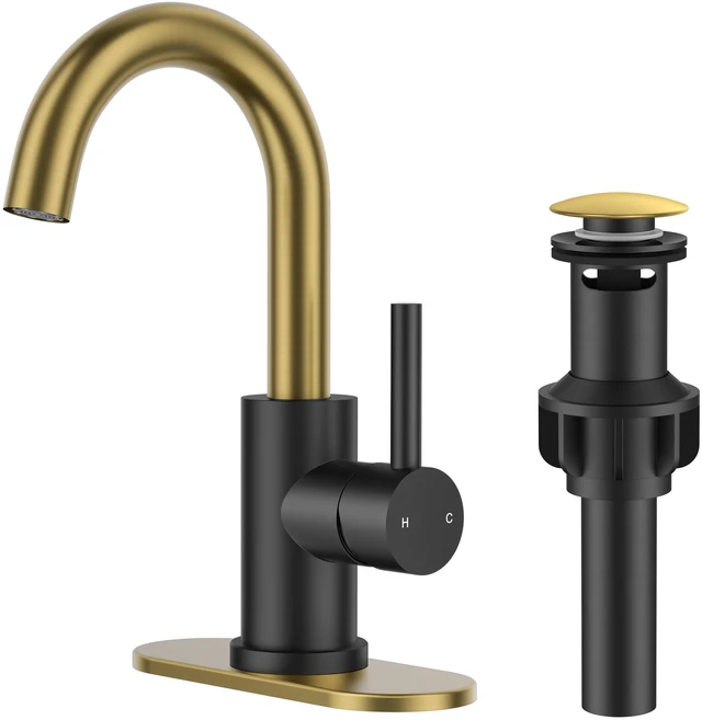 Main image of Bathroom Faucet 1 Hole Single Handle Sink Faucet Black and Gold with 6-inch Deck Plate for 1 or 3 hole(4-inch centerset)Sink Setup, Supply Lines and Drain, Swivel for Bar Kitchen RV Vanity