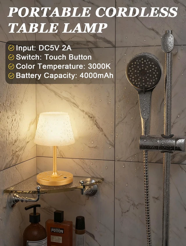 Alt view image 4 of 7 - Gold Cordless Shower Lamp Waterproof, Rechargeable Cordless Lamp with 4000mAh Battery, Touch Dimmable Table Lamp for Outdoor, Kitchen, Bathroom, Camping, Patio, IP54