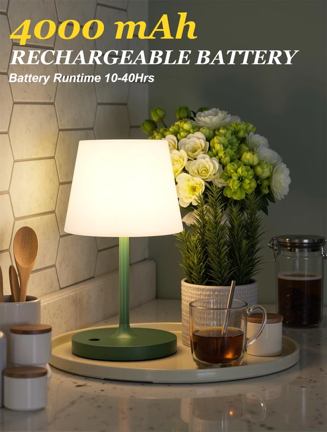 Alt view image 3 of 7 - Green Cordless Shower Lamp Waterproof, Rechargeable Cordless Lamp with 4000mAh Battery, Touch Dimmable Table Lamp for Outdoor, Kitchen, Bathroom, Camping, Patio, IP54