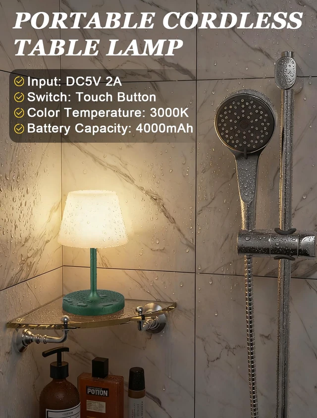 Alt view image 4 of 7 - Green Cordless Shower Lamp Waterproof, Rechargeable Cordless Lamp with 4000mAh Battery, Touch Dimmable Table Lamp for Outdoor, Kitchen, Bathroom, Camping, Patio, IP54