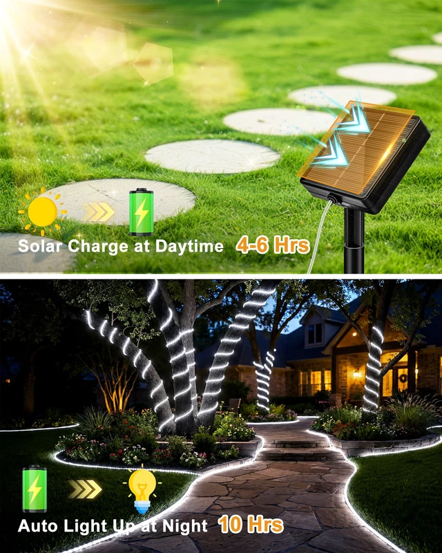 Alt view image 2 of 7 - Solar Rope Lights, 120LED 46FT String Lights Outdoor Waterproof 4 Pack 8 Modes, Timer Memory Function, Tube Trampoline lighting for Outside Garden Tree Christmas Yard Patio Decor,Cool White