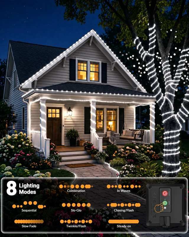 Alt view image 3 of 7 - Solar Rope Lights, 120LED 46FT String Lights Outdoor Waterproof 4 Pack 8 Modes, Timer Memory Function, Tube Trampoline lighting for Outside Garden Tree Christmas Yard Patio Decor,Cool White