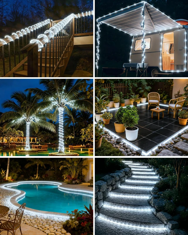 Alt view image 6 of 7 - Solar Rope Lights, 120LED 46FT String Lights Outdoor Waterproof 4 Pack 8 Modes, Timer Memory Function, Tube Trampoline lighting for Outside Garden Tree Christmas Yard Patio Decor,Cool White
