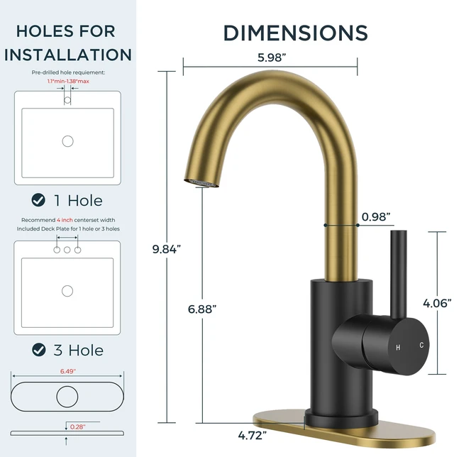 Alt view image 2 of 7 - Bathroom Faucet 1 Hole Single Handle Sink Faucet Black and Gold with 6-inch Deck Plate for 1 or 3 hole(4-inch centerset)Sink Setup, Supply Lines and Drain, Swivel for Bar Kitchen RV Vanity