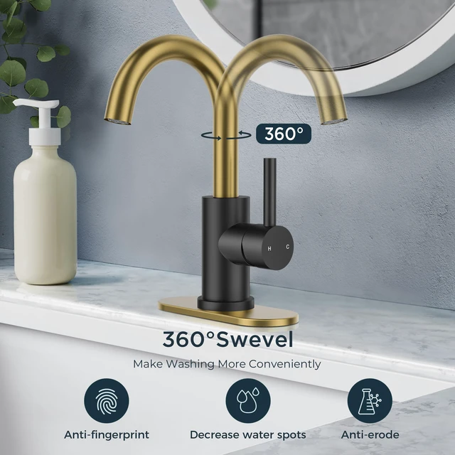 Alt view image 3 of 7 - Bathroom Faucet 1 Hole Single Handle Sink Faucet Black and Gold with 6-inch Deck Plate for 1 or 3 hole(4-inch centerset)Sink Setup, Supply Lines and Drain, Swivel for Bar Kitchen RV Vanity