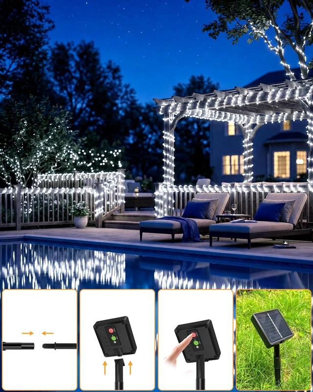Alt view image 7 of 7 - Solar Rope Lights, 120LED 46FT String Lights Outdoor Waterproof 4 Pack 8 Modes, Timer Memory Function, Tube Trampoline lighting for Outside Garden Tree Christmas Yard Patio Decor,Cool White