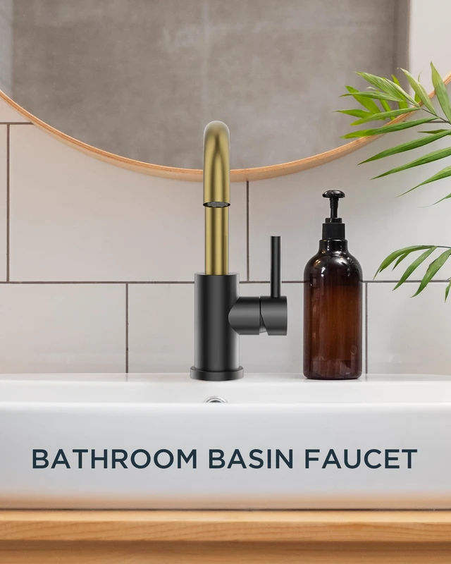 Alt view image 6 of 7 - Bathroom Faucet 1 Hole Single Handle Sink Faucet Black and Gold with 6-inch Deck Plate for 1 or 3 hole(4-inch centerset)Sink Setup, Supply Lines and Drain, Swivel for Bar Kitchen RV Vanity