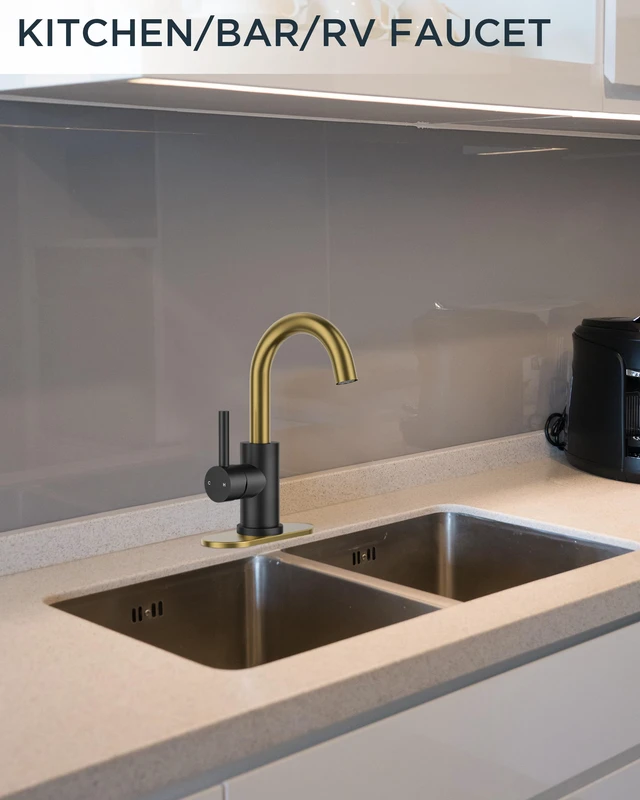 Alt view image 7 of 7 - Bathroom Faucet 1 Hole Single Handle Sink Faucet Black and Gold with 6-inch Deck Plate for 1 or 3 hole(4-inch centerset)Sink Setup, Supply Lines and Drain, Swivel for Bar Kitchen RV Vanity