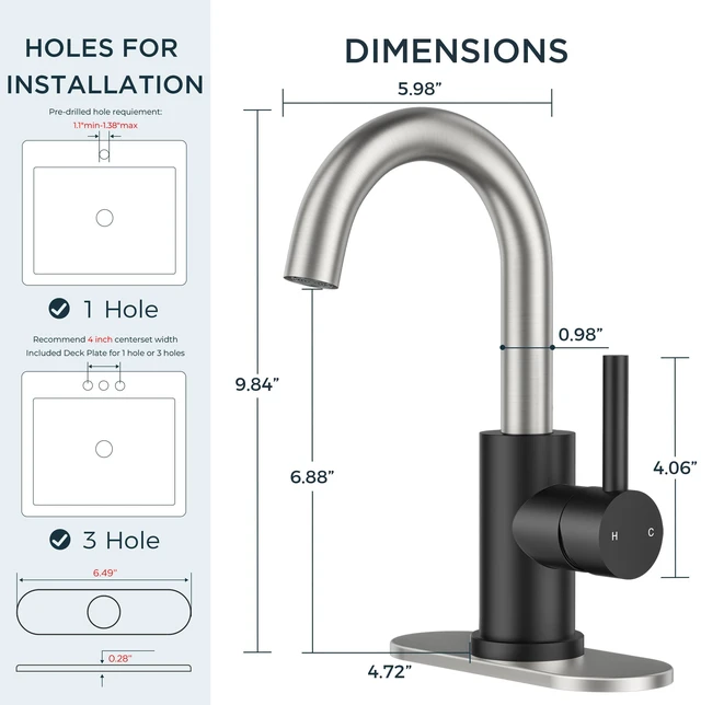 Alt view image 2 of 7 - Bathroom Faucet 1 Hole Single Handle Sink Faucet Gold and Nickel with 6-inch Deck Plate for 1 or 3 hole(4-inch centerset)Sink Setup, Supply Lines and Drain, Swivel for Bar Kitchen RV Vanity