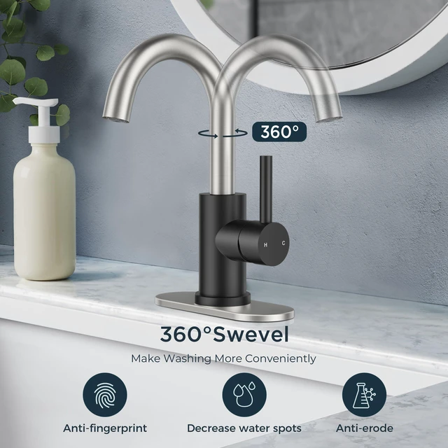 Alt view image 3 of 7 - Bathroom Faucet 1 Hole Single Handle Sink Faucet Gold and Nickel with 6-inch Deck Plate for 1 or 3 hole(4-inch centerset)Sink Setup, Supply Lines and Drain, Swivel for Bar Kitchen RV Vanity