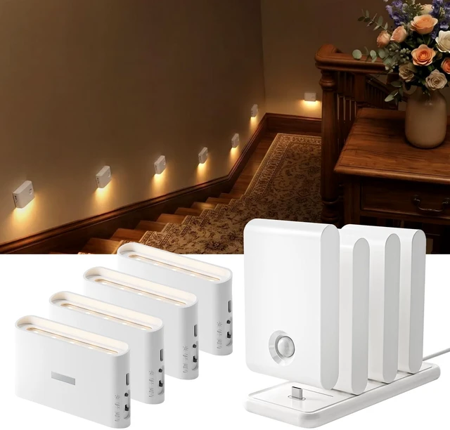 Main image of Motion Sensor Night Lights, Rechargeable 1500mAh LED Stair Lights with Magnetic & Dimmable, Auto On/Off 3000K Soft White, Stick-On for Stairs, Hallway, Bathroom (8 Pack with Charging Station)
