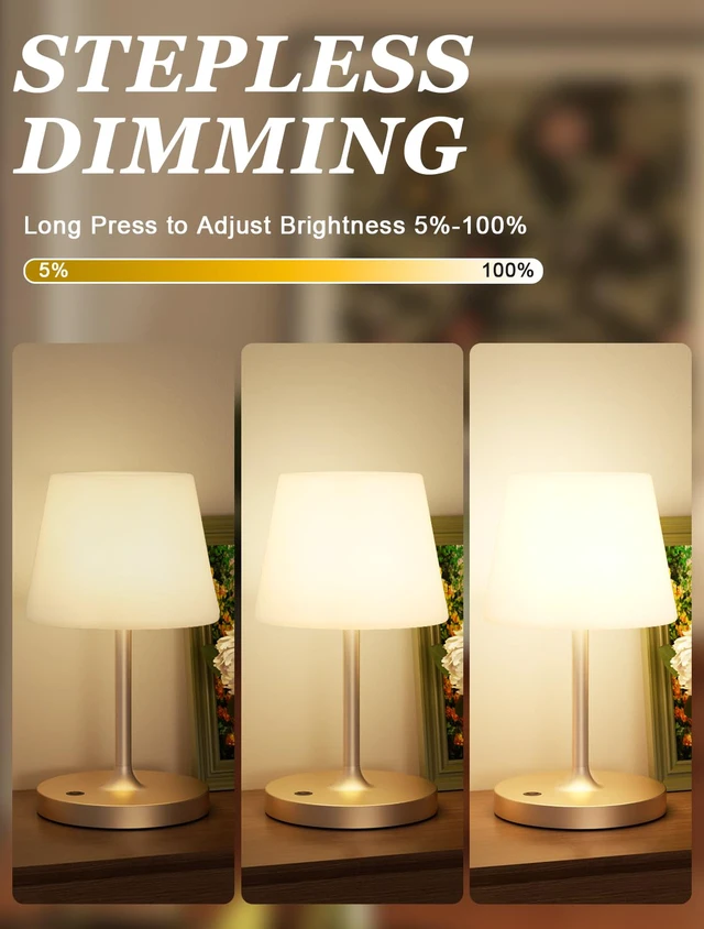 Alt view image 2 of 7 - Champagne Gold Shower Lamp Waterproof, Rechargeable Cordless Lamp with 4000mAh Battery, Touch Dimmable Table Lamp for Outdoor, Kitchen, Bathroom, Camping, Patio, IP54