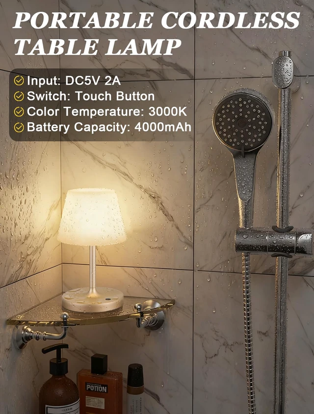 Alt view image 4 of 7 - Champagne Gold Shower Lamp Waterproof, Rechargeable Cordless Lamp with 4000mAh Battery, Touch Dimmable Table Lamp for Outdoor, Kitchen, Bathroom, Camping, Patio, IP54
