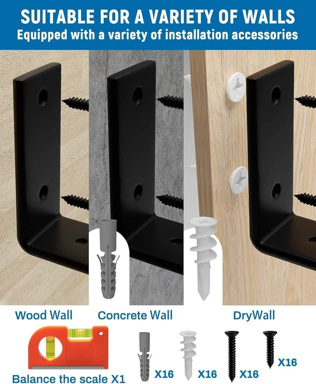 Alt view image 6 of 7 - 8 inch Shelf Brackets 8-Pack, 1/5" Thick Floating Shelf Bracket 7.25" x 4" x 1.5", Heavy Duty Shelf Support for DIY Wall Shelf, Black Industrial Bracket for Kitchen, Garage, Living Room