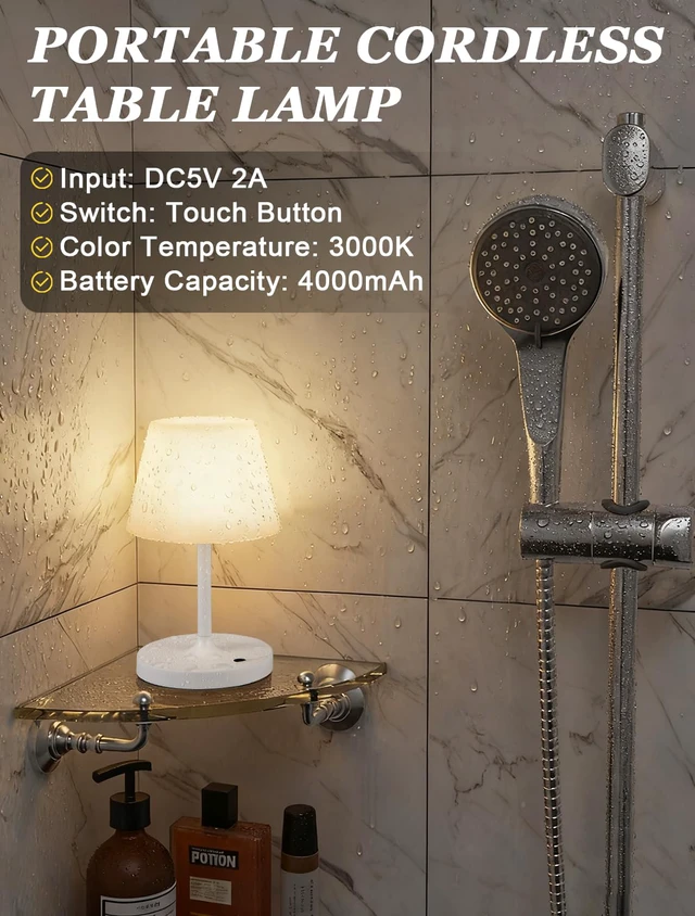 Alt view image 4 of 7 - White Cordless Shower Lamp Waterproof, Rechargeable Table Lamp with 4000mAh Battery, Touch Dimmable Desk Light for Outdoor, Kitchen, Bathroom, Camping, Patio, IP54