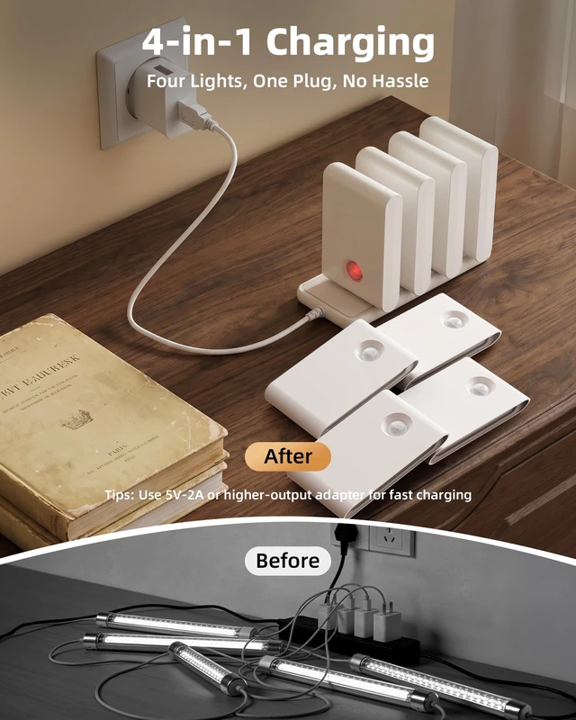 Alt view image 3 of 7 - Motion Sensor Night Lights, Rechargeable 1500mAh LED Stair Lights with Magnetic & Dimmable, Auto On/Off 3000K Soft White, Stick-On for Stairs, Hallway, Bathroom (8 Pack with Charging Station)