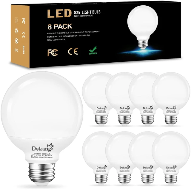 Main image of 8 Pack G25 LED Bathroom Light Bulbs 3000K Soft White E26 Base 60W 500LM, 5W, CRI 85+, Non-dimmable Standard Base LED Globe Light bulbs for Bathroom Vanity Mirror