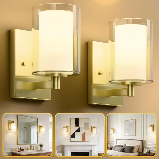 Main image of Wall Sconces Set of Two, Modern Gold Vanity Wall Lights Double Clear Glass Shades With E26 Base, Farmhouse Wall Lights For Bathroom, Bedroom, Living Room, Mirror And Hallway