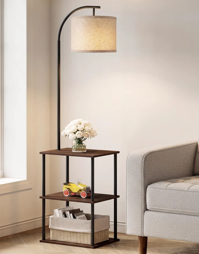Main image of Floor Lamp with Table, Night Stand with Lamp, Narrow Side Table with 3CCT LED Bulb, Small Coffee Table, Modern End Table with Storage Shelves for Living Room Bedroom, Walnut Brown