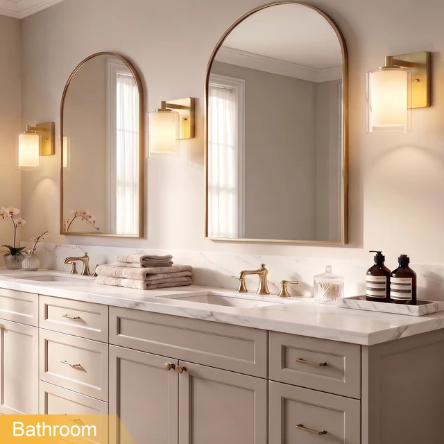 Alt view image 2 of 7 - Wall Sconces Set of Two, Modern Gold Vanity Wall Lights Double Clear Glass Shades With E26 Base, Farmhouse Wall Lights For Bathroom, Bedroom, Living Room, Mirror And Hallway