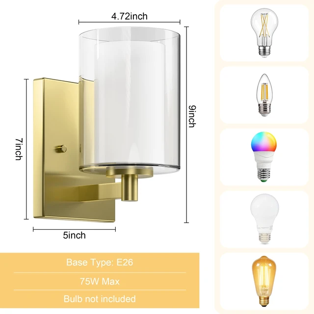 Alt view image 3 of 7 - Wall Sconces Set of Two, Modern Gold Vanity Wall Lights Double Clear Glass Shades With E26 Base, Farmhouse Wall Lights For Bathroom, Bedroom, Living Room, Mirror And Hallway