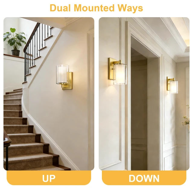 Alt view image 6 of 7 - Wall Sconces Set of Two, Modern Gold Vanity Wall Lights Double Clear Glass Shades With E26 Base, Farmhouse Wall Lights For Bathroom, Bedroom, Living Room, Mirror And Hallway