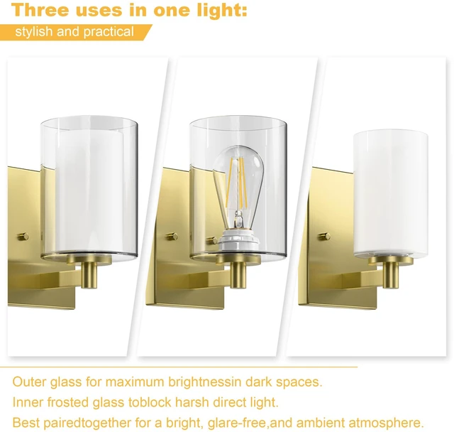 Alt view image 7 of 7 - Wall Sconces Set of Two, Modern Gold Vanity Wall Lights Double Clear Glass Shades With E26 Base, Farmhouse Wall Lights For Bathroom, Bedroom, Living Room, Mirror And Hallway