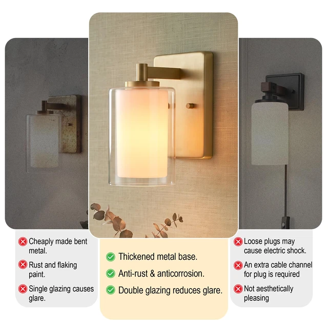 Alt view image 5 of 7 - Wall Sconces Set of Two, Modern Gold Vanity Wall Lights Double Clear Glass Shades With E26 Base, Farmhouse Wall Lights For Bathroom, Bedroom, Living Room, Mirror And Hallway