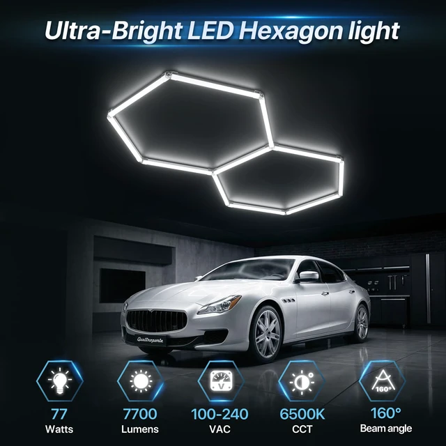Alt view image 2 of 7 - Gen II Hexagon Garage Lights: 77W 7700LM 2 Grids DIY Hexagon Led Light, 6500K Ultra Bright Honeycomb Hex Lights, Easy Install, Durable Design for Garage, Shop, Basement, Barber, Homegym