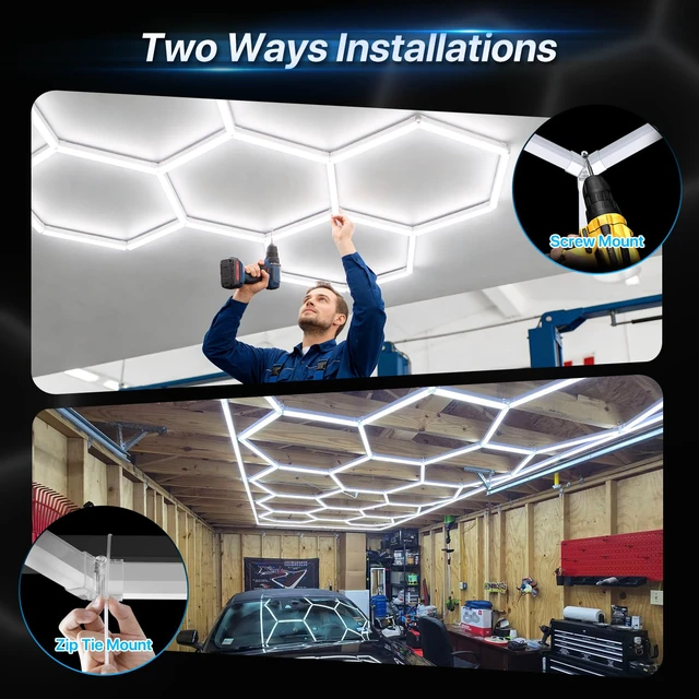 Alt view image 5 of 7 - Gen II Hexagon Garage Lights: 77W 7700LM 2 Grids DIY Hexagon Led Light, 6500K Ultra Bright Honeycomb Hex Lights, Easy Install, Durable Design for Garage, Shop, Basement, Barber, Homegym
