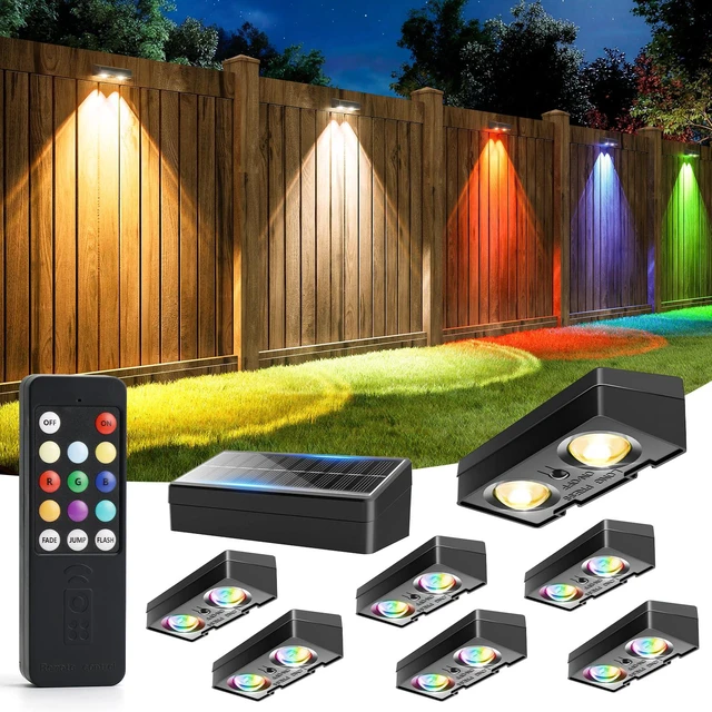 Main image of Fence Lights Solar Powered with Remote, 9 Fixed Colors 12 Modes, Solar Fence Lights Outdoor Waterproof, Warm/Cool White, RGB LED Deck Lights for Yard/Railing/Balcony/Patio/Stair/Outside, 8 Pack