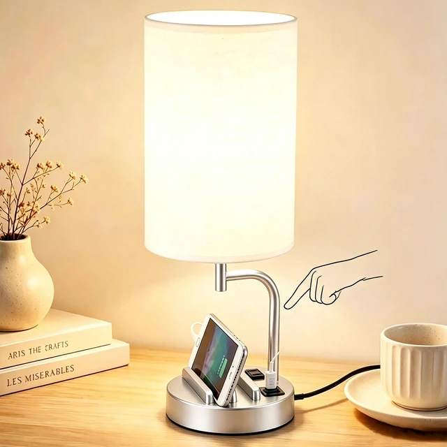 Main image of Touch Control USB Table Lamp with USB C/A & AC Outlet, 3-Way Dimmable Bedside Lamp, Modern Nightstand Lamps for Bedroom Living Room Guest Room Office, Bulb Included, Silver