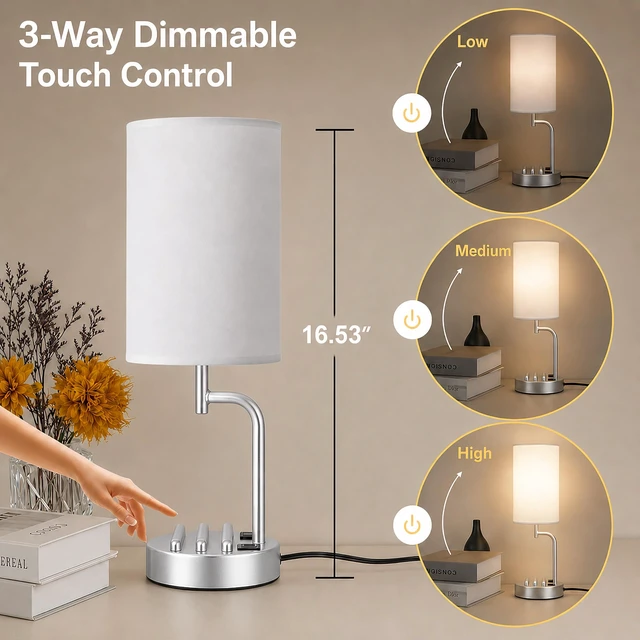 Alt view image 2 of 7 - Touch Control USB Table Lamp with USB C/A & AC Outlet, 3-Way Dimmable Bedside Lamp, Modern Nightstand Lamps for Bedroom Living Room Guest Room Office, Bulb Included, Silver